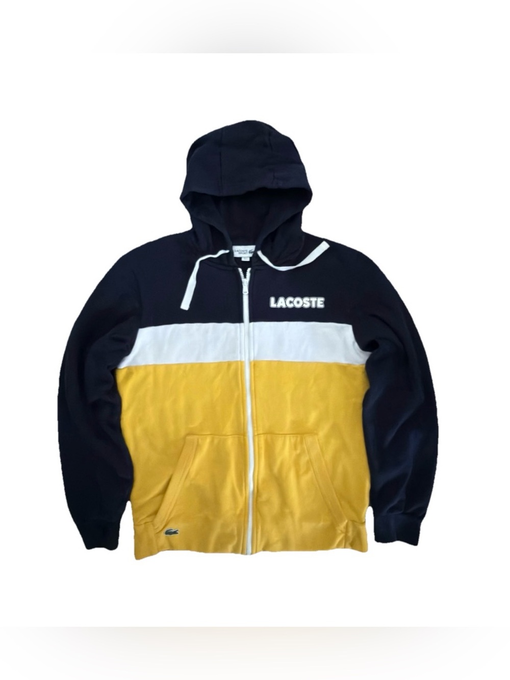 Lacoste Sport Men's Full Zip Colorblock Hoodie Navy Blue Yellow Size 4 Medium